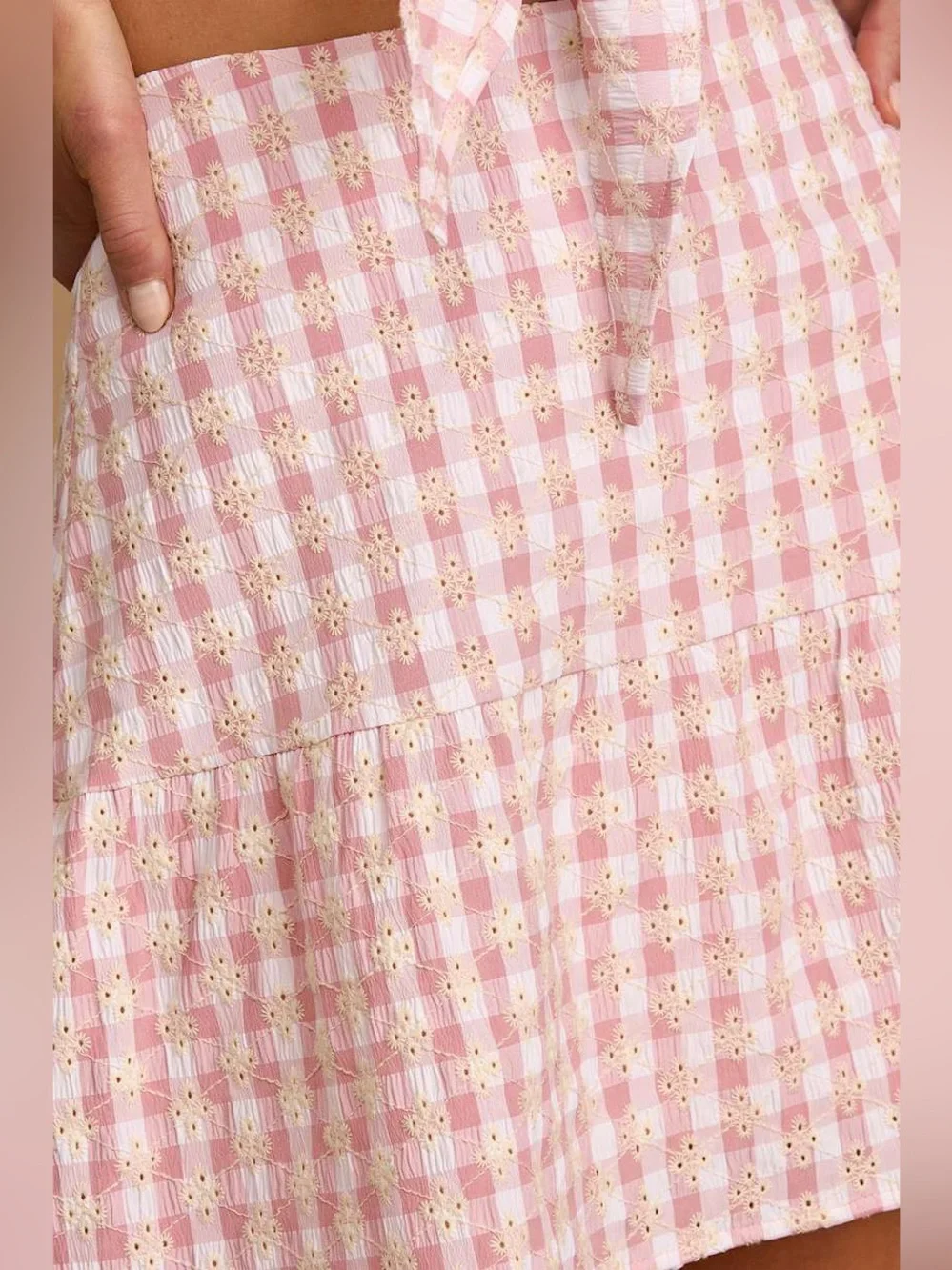Lulus Patio Cutie Light Pink Gingham Embroidered Mini Skirt set small